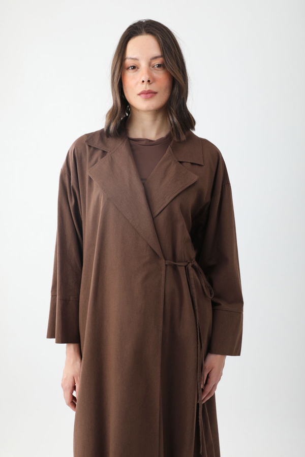Tie-Waist Linen Trench Coat Brown - 3