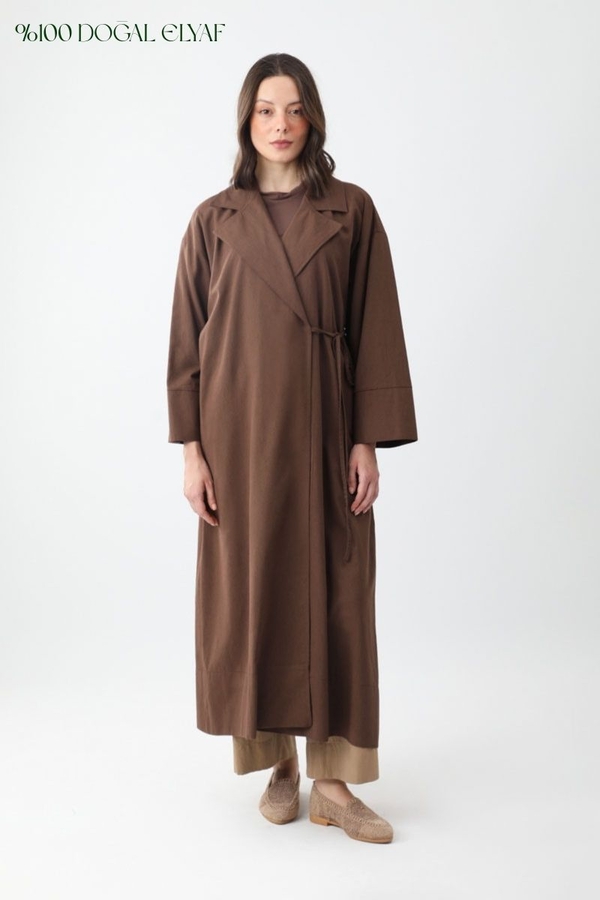 Tie-Waist Linen Trench Coat Brown 