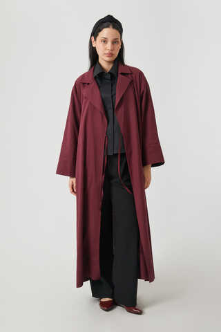 Tie-Waist Linen Trench Coat Burgundy - 5
