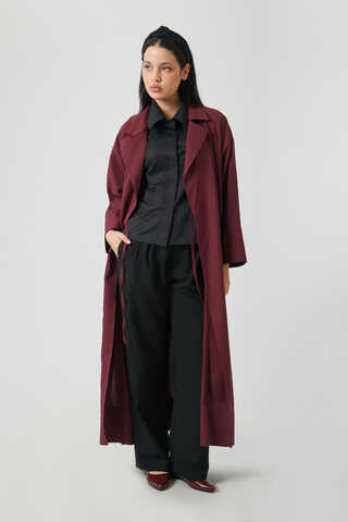 Tie-Waist Linen Trench Coat Burgundy - 9