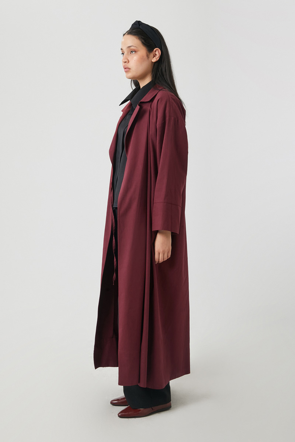 Tie-Waist Linen Trench Coat Burgundy - 10