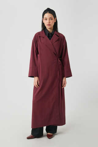 Tie-Waist Linen Trench Coat Burgundy - 2