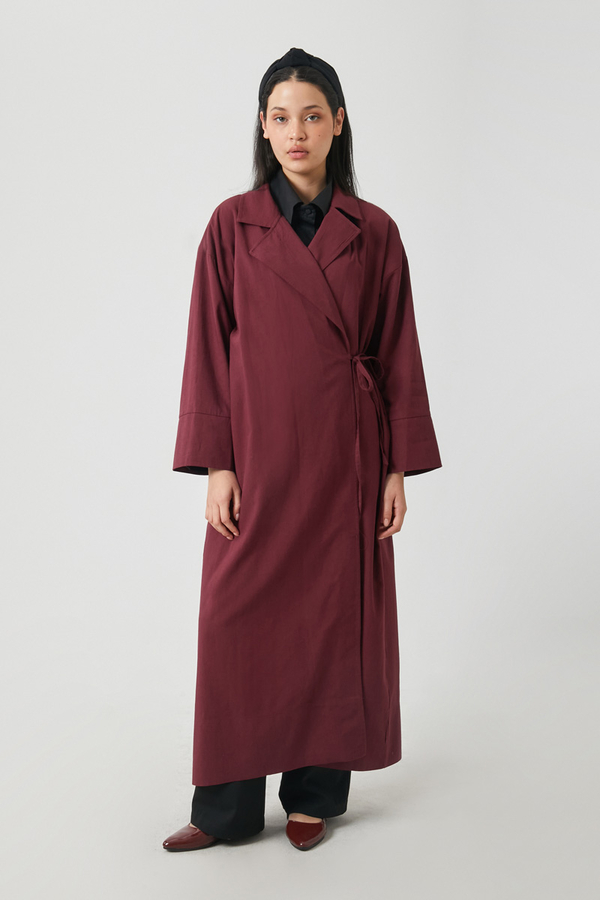 Tie-Waist Linen Trench Coat Burgundy - 2