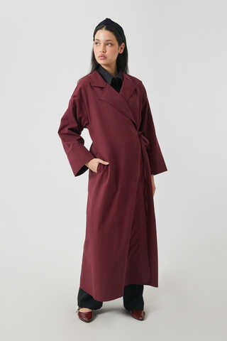 Tie-Waist Linen Trench Coat Burgundy - 13