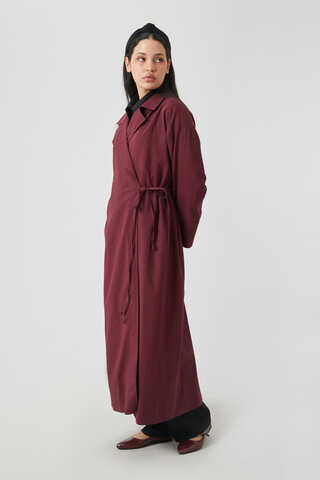 Tie-Waist Linen Trench Coat Burgundy - 14