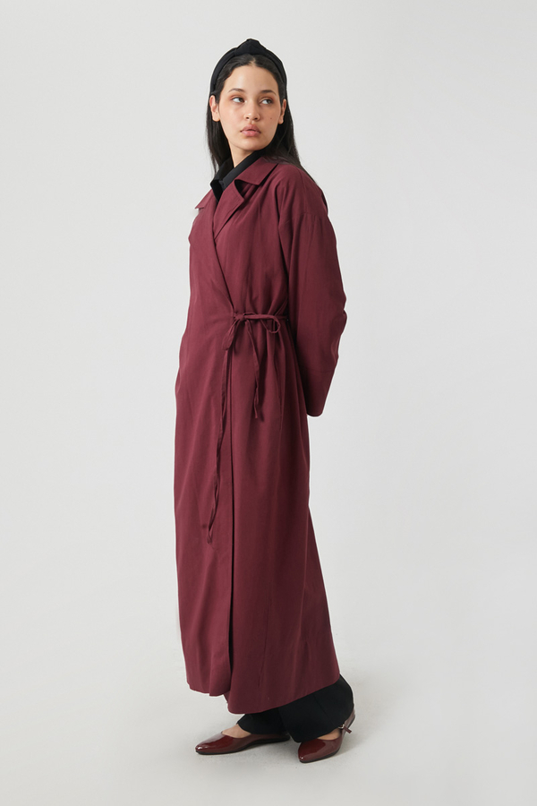 Tie-Waist Linen Trench Coat Burgundy - 14