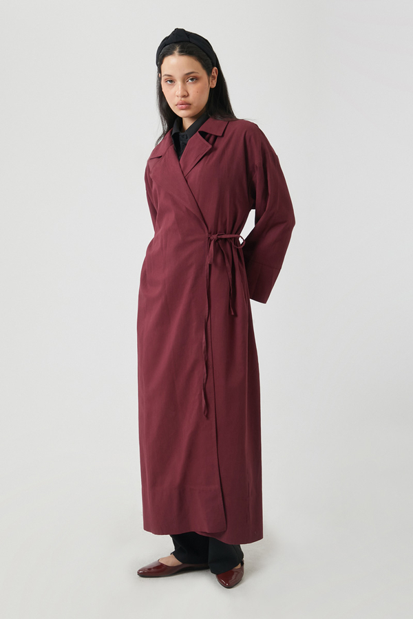 Tie-Waist Linen Trench Coat Burgundy - 15