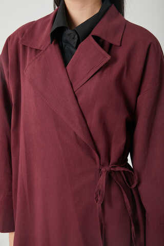 Tie-Waist Linen Trench Coat Burgundy - 4