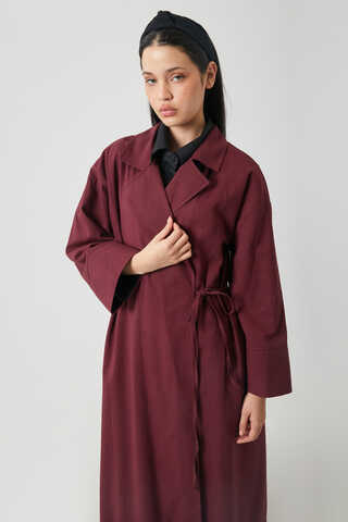 Tie-Waist Linen Trench Coat Burgundy - 17