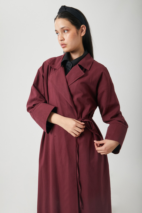 Tie-Waist Linen Trench Coat Burgundy - 6