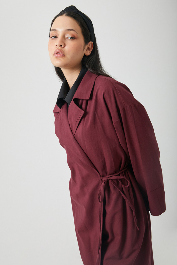 Tie-Waist Linen Trench Coat Burgundy - 7