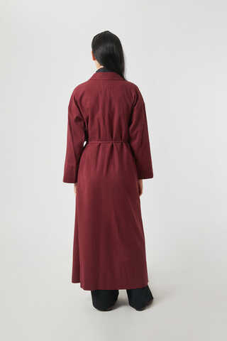 Tie-Waist Linen Trench Coat Burgundy - 18