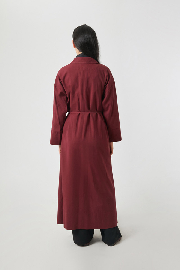 Tie-Waist Linen Trench Coat Burgundy - 18