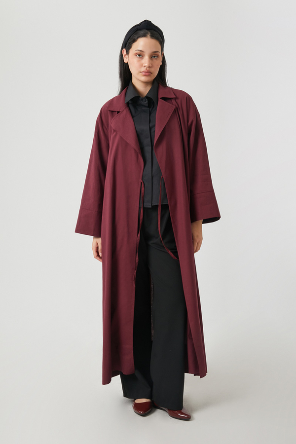 Tie-Waist Linen Trench Coat Burgundy - 5