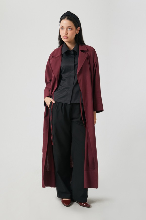 Tie-Waist Linen Trench Coat Burgundy - 9