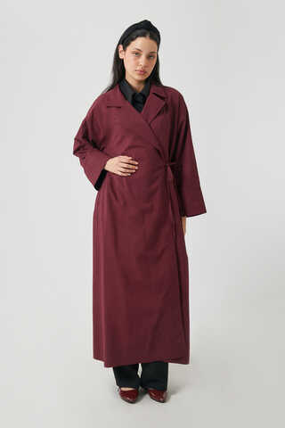Tie-Waist Linen Trench Coat Burgundy - 12