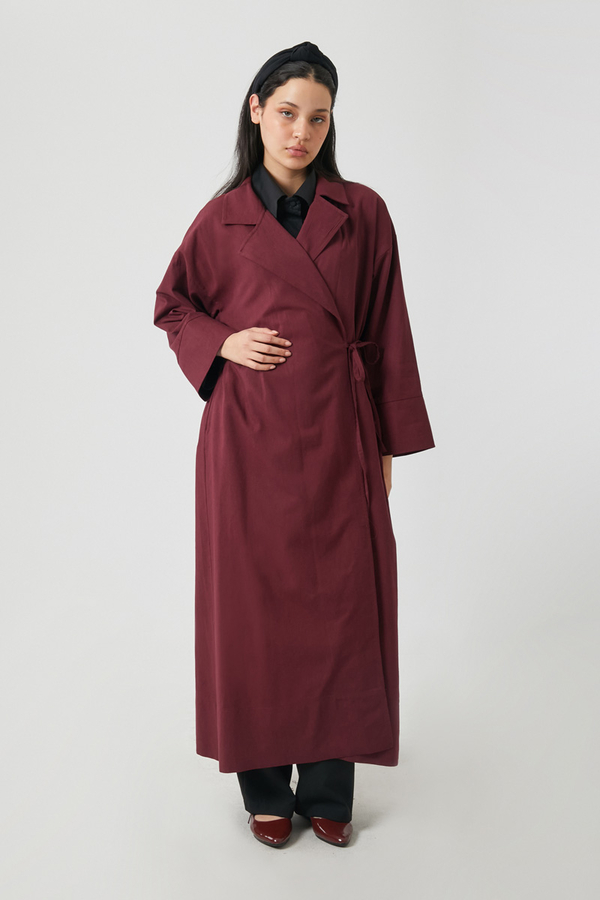 Tie-Waist Linen Trench Coat Burgundy - 12