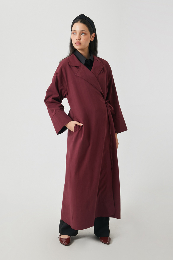 Tie-Waist Linen Trench Coat Burgundy - 13