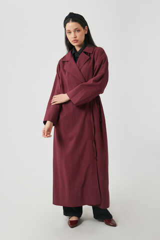 Tie-Waist Linen Trench Coat Burgundy - 3