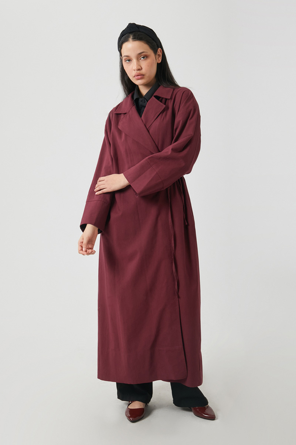 Tie-Waist Linen Trench Coat Burgundy - 3