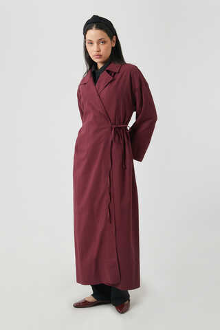 Tie-Waist Linen Trench Coat Burgundy - 15