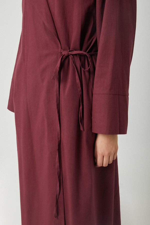 Tie-Waist Linen Trench Coat Burgundy - 16