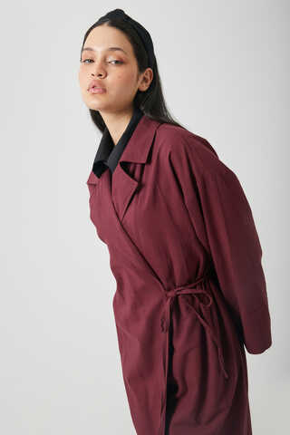 Tie-Waist Linen Trench Coat Burgundy - 7