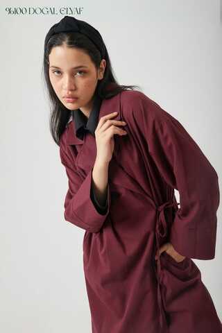 Tie-Waist Linen Trench Coat Burgundy - 1