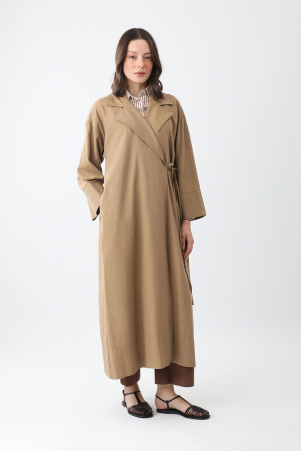 Tie-Waist Linen Trench Coat Camel - 4