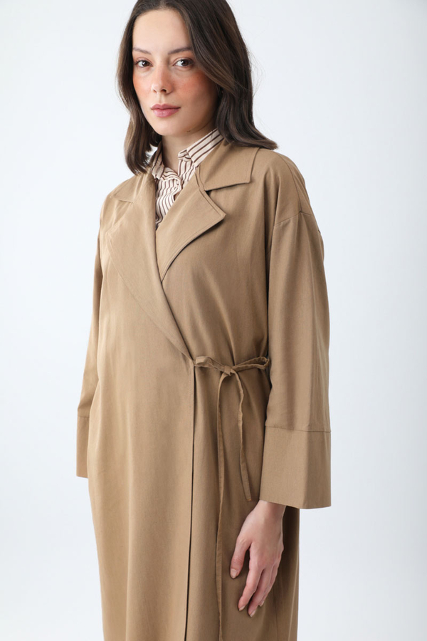 Tie-Waist Linen Trench Coat Camel - 6