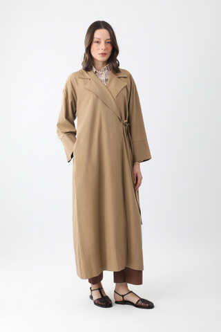Tie-Waist Linen Trench Coat Camel - 4