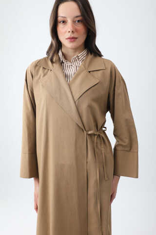 Tie-Waist Linen Trench Coat Camel - 3