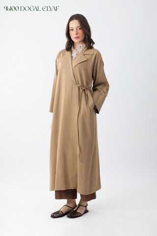Tie-Waist Linen Trench Coat Camel - 1