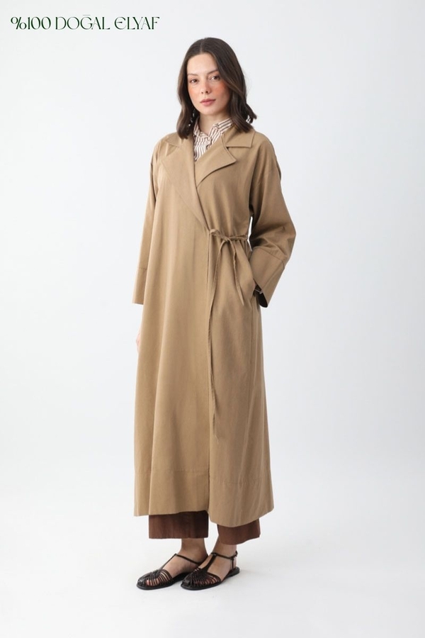 Tie-Waist Linen Trench Coat Camel 