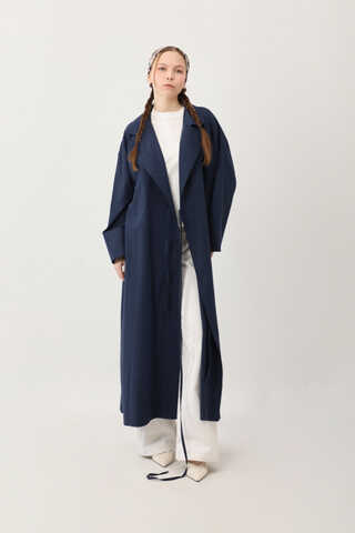 Tie-Waist Linen Trench Coat Navy Blue - 2