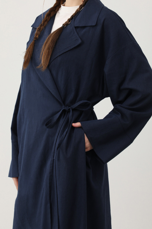 Tie-Waist Linen Trench Coat Navy Blue - 3