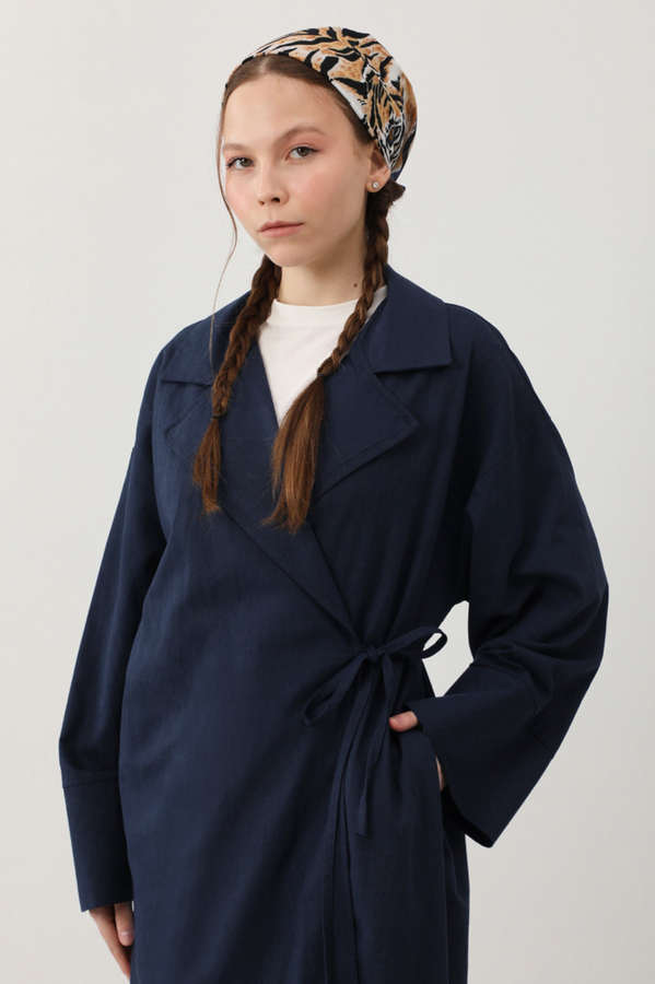 Tie-Waist Linen Trench Coat Navy Blue - 4