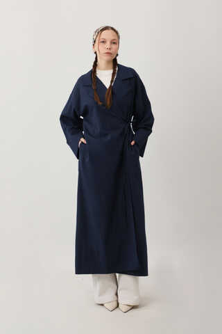 Tie-Waist Linen Trench Coat Navy Blue - 6