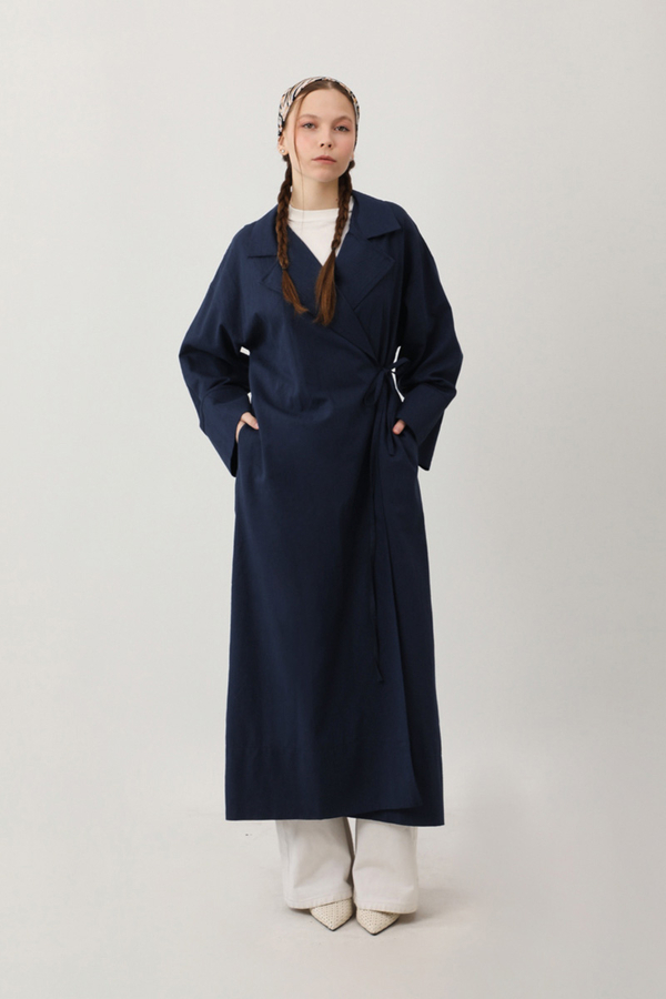 Tie-Waist Linen Trench Coat Navy Blue - 6