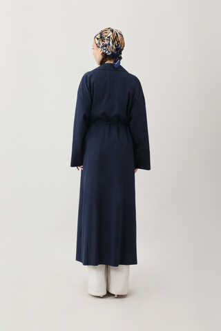 Tie-Waist Linen Trench Coat Navy Blue - 14