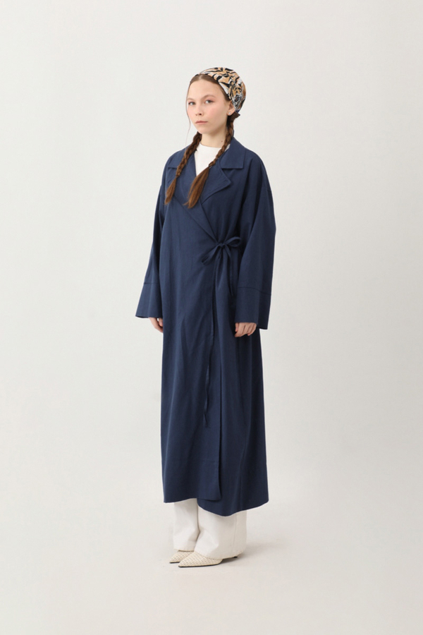 Tie-Waist Linen Trench Coat Navy Blue - 8