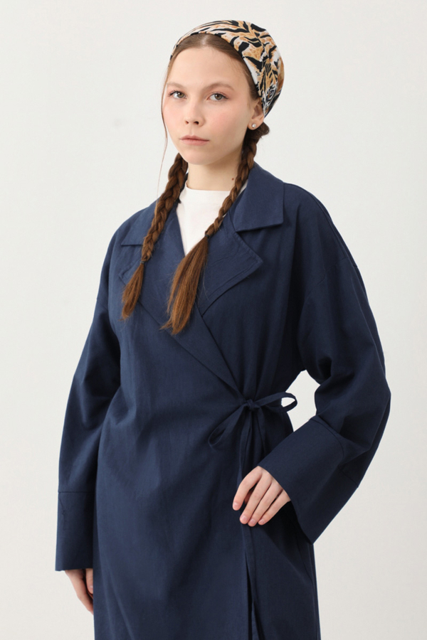 Tie-Waist Linen Trench Coat Navy Blue - 10