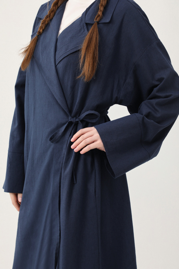 Tie-Waist Linen Trench Coat Navy Blue - 11