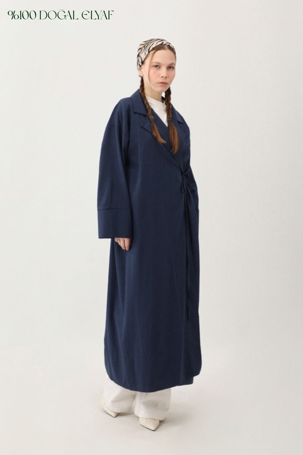 Tie-Waist Linen Trench Coat Navy Blue - 1