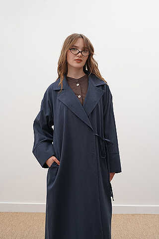 Tie-Waist Linen Trench Coat Navy Blue - 2