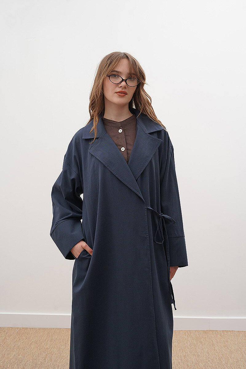 Tie-Waist Linen Trench Coat Navy Blue - 2