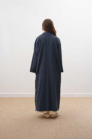 Tie-Waist Linen Trench Coat Navy Blue - 6