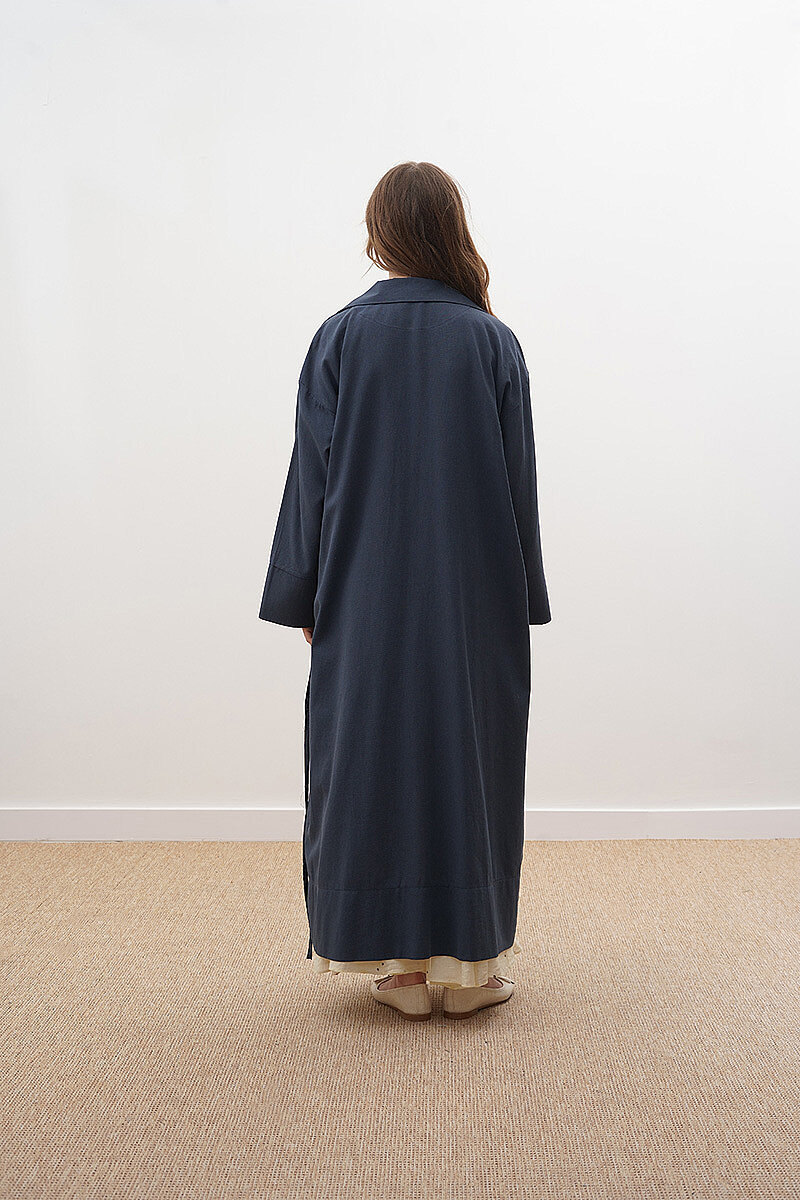 Tie-Waist Linen Trench Coat Navy Blue - 6