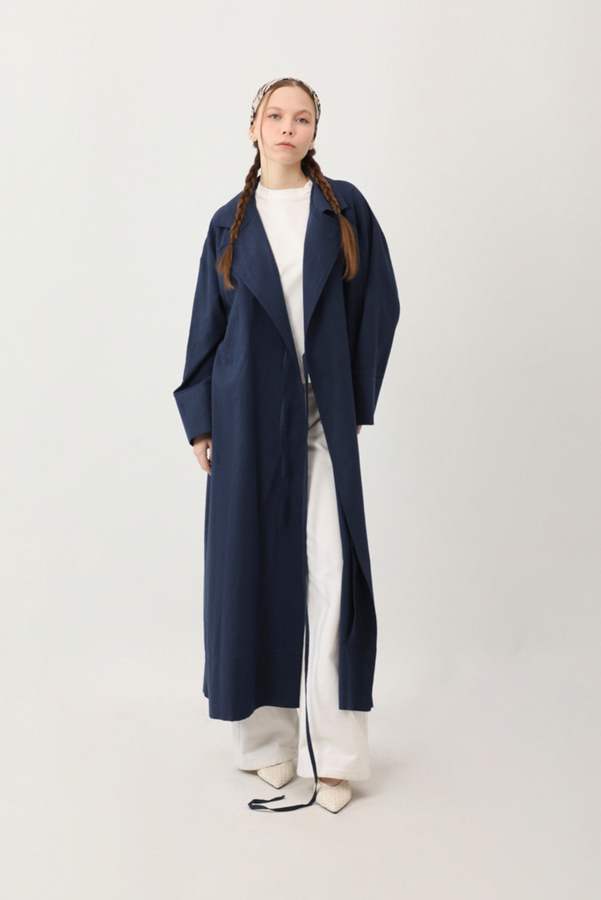 Tie-Waist Linen Trench Coat Navy Blue - 2