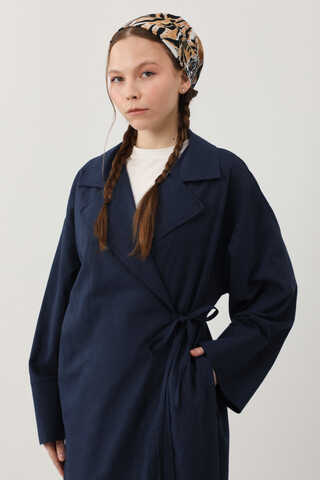 Tie-Waist Linen Trench Coat Navy Blue - 4